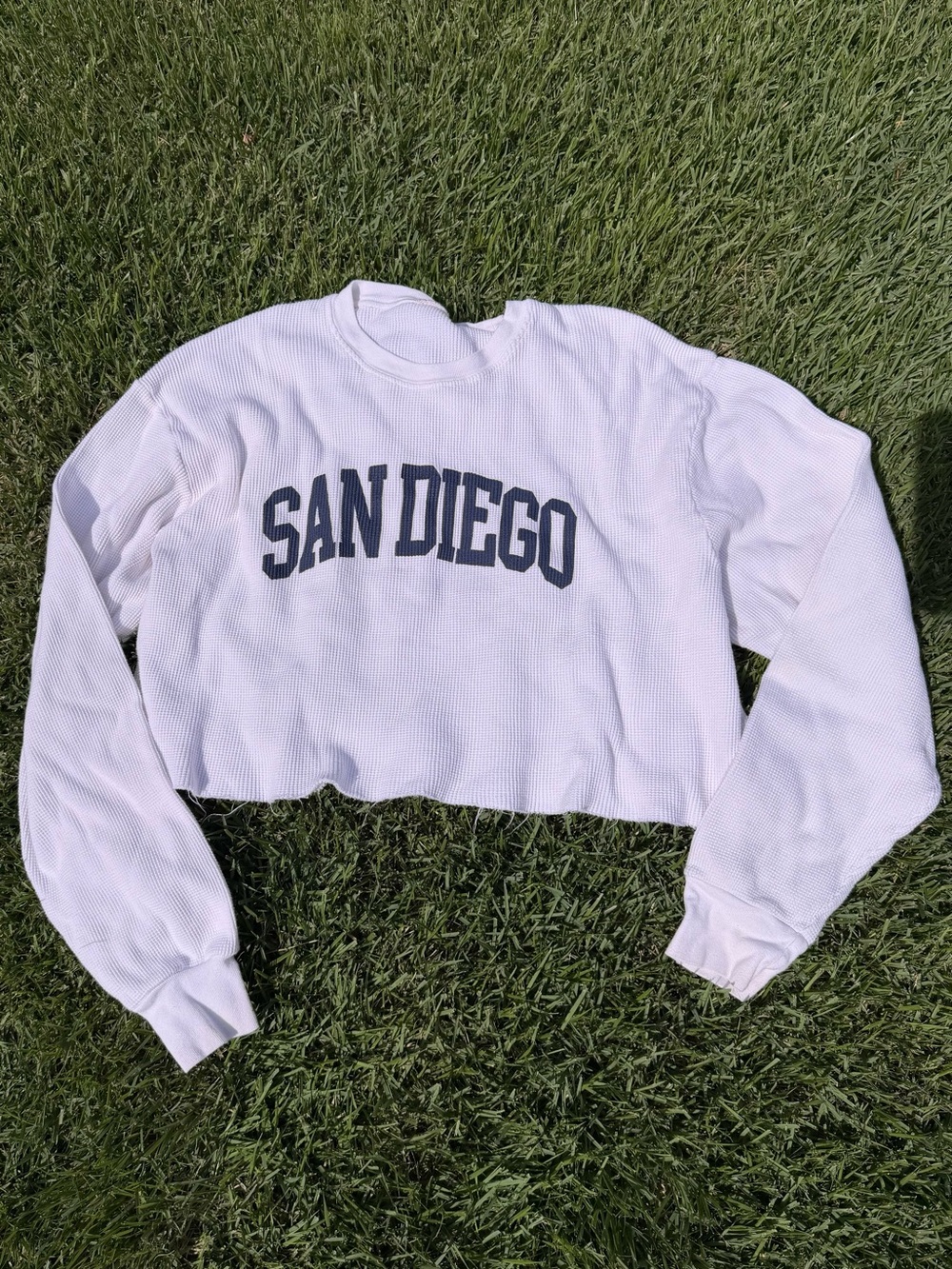 Brandy Melville White Cropped 'San Diego' Waffle Long Sleeve Top